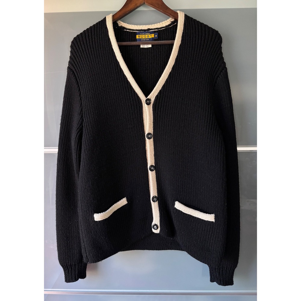 Vtg Ralph Lauren Rugby Black Wool Ribbed Knit V-Neck Cardigan Sweater Varsity